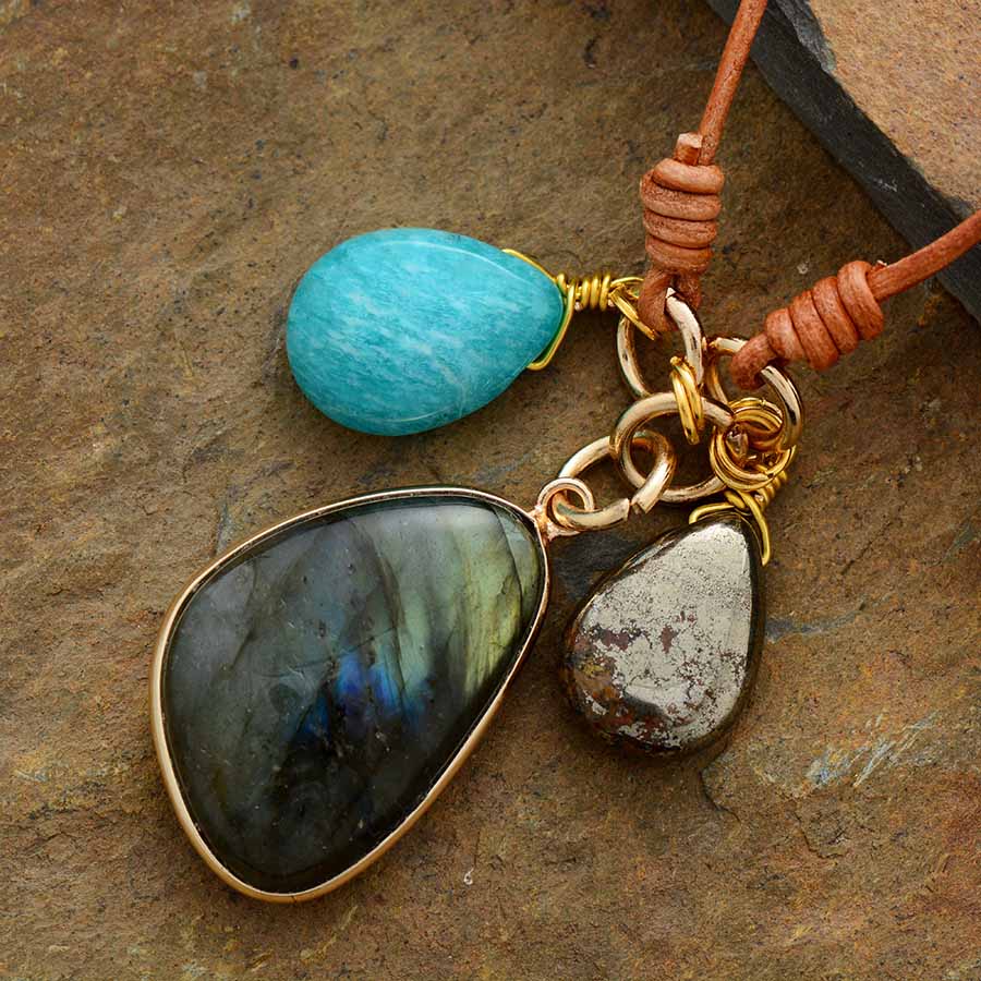 Boho Necklace, Labradorite Amazonite Leather Pendant Necklace