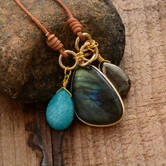 Boho Necklace, Labradorite Amazonite Leather Pendant Necklace