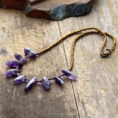 Boho Necklace, Choker Necklace, Amethysts, Natural Stone Beads, Seeds