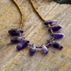 Boho Necklace, Choker Necklace, Amethysts, Natural Stone Beads, Seeds
