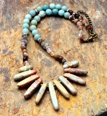 Boho Necklace, Blue Amazonite, Jasper, Labradorite and Seeds