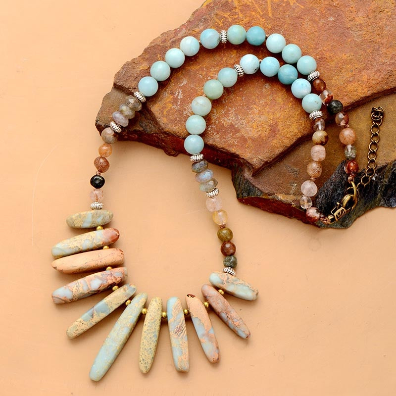 Boho Necklace, Blue Amazonite, Jasper, Labradorite and Seeds