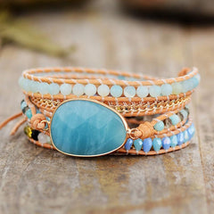 Boho Bracelet, 5 Layers Leather Wrap Bracelet, Handmade Natural Blue Stone Crystal