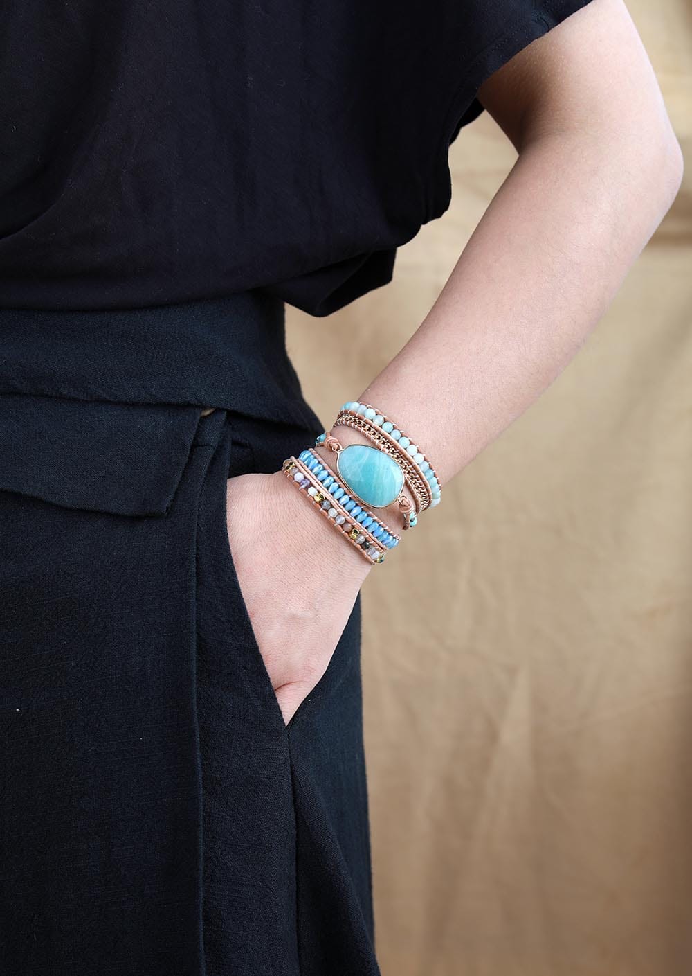 Boho Bracelet, 5 Layers Leather Wrap Bracelet, Handmade Natural Blue Stone Crystal