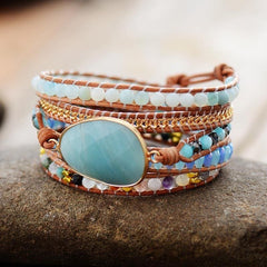 Boho Bracelet, 5 Layers Leather Wrap Bracelet, Handmade Natural Blue Stone Crystal
