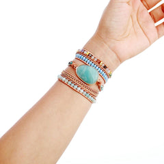 Boho Bracelet, 5 Layers Leather Wrap Bracelet, Handmade Natural Blue Stone Crystal