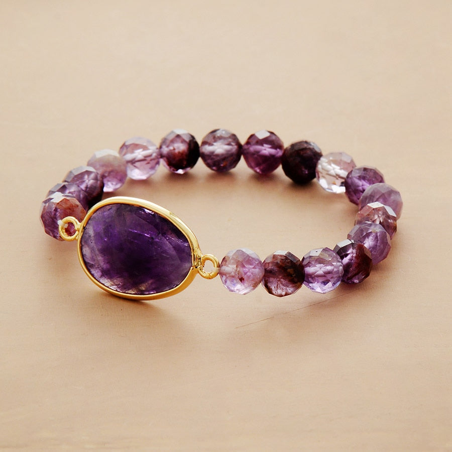 Boho Bracelet, Stretchy Bracelet, Purple Phantom and Amethyst