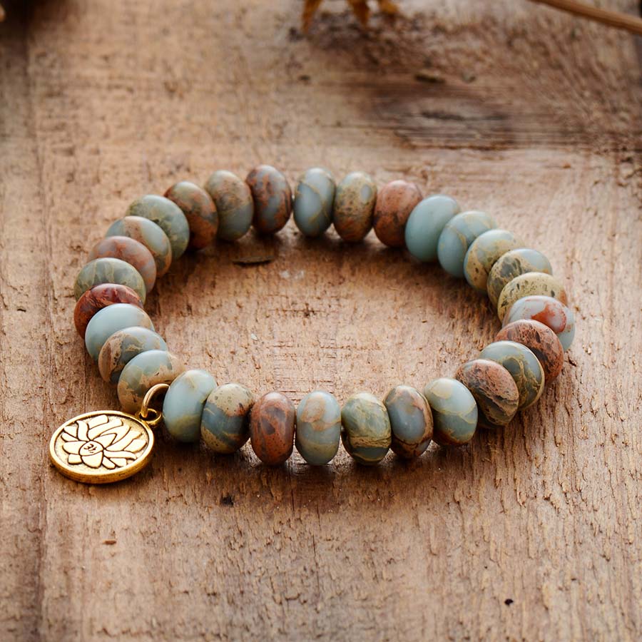 Boho Bracelet, Stretchy Bracelet, 10MM Brown Imperial Japser Lotus