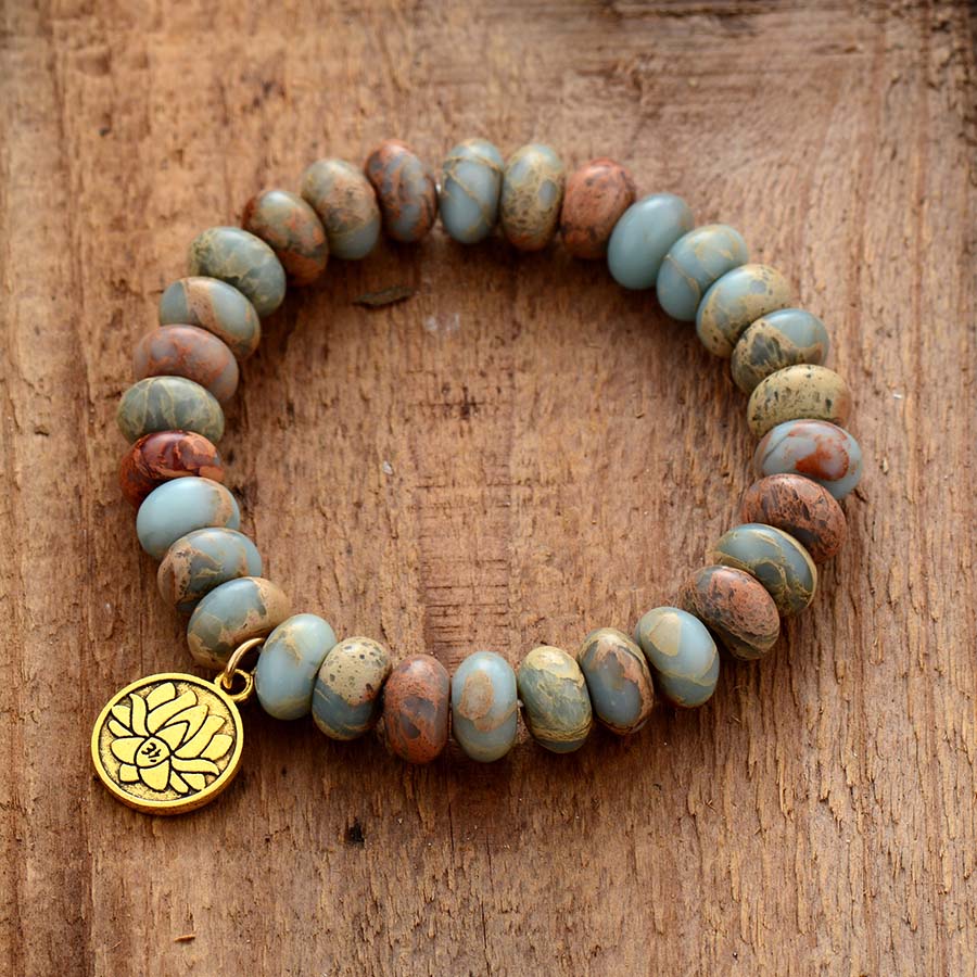 Boho Bracelet, Stretchy Bracelet, 10MM Brown Imperial Japser Lotus