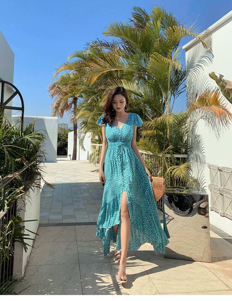 Vintage Dress, Boho Midi Dress,  Dress, Backless Dress, Blue Sky, Yellow and Red