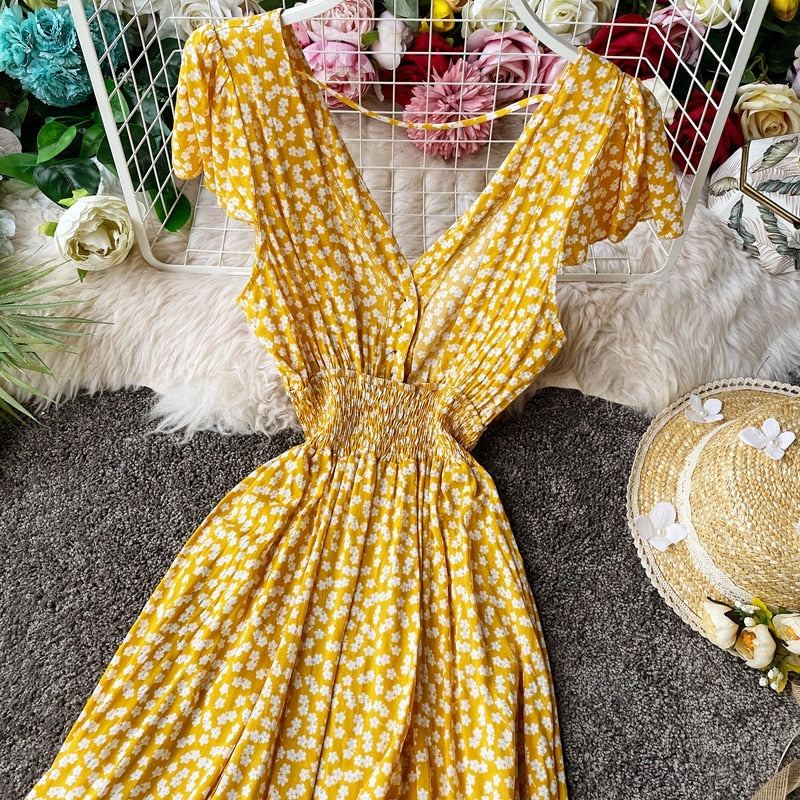 Vintage Dress, Boho Midi Dress,  Dress, Backless Dress, Blue Sky, Yellow and Red