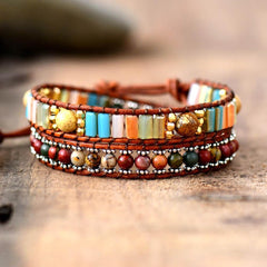Boho Bracelet, 2 Layers Leather Wrap Bracelet, Crystal Brown Stone