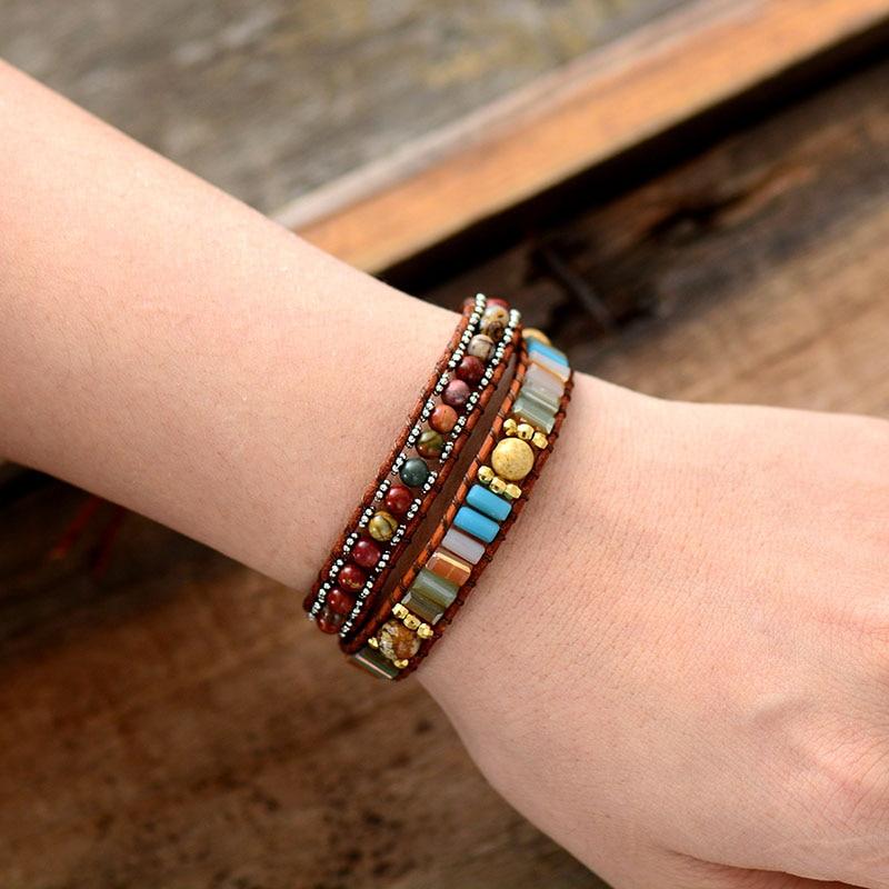 Boho Bracelet, 2 Layers Leather Wrap Bracelet, Crystal Brown Stone