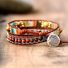 Boho Bracelet, 2 Layers Leather Wrap Bracelet, Crystal Brown Stone