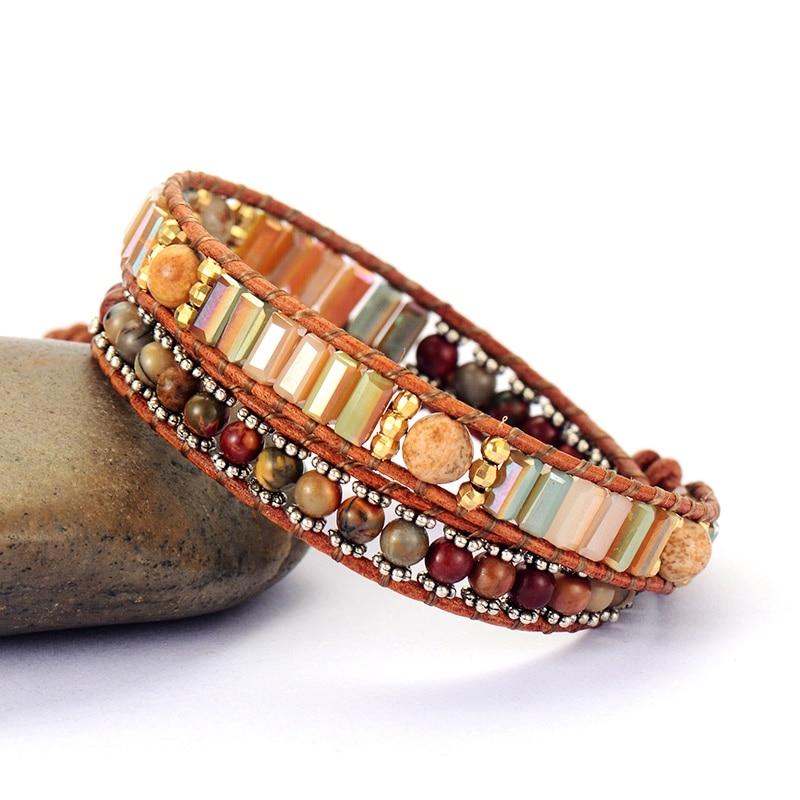 Boho Bracelet, 2 Layers Leather Wrap Bracelet, Crystal Brown Stone