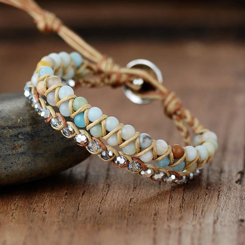 Boho Bracelet, Leather Wrap Bracelet, Light Blue Amazonite