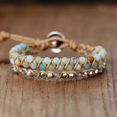 Boho Bracelet, Leather Wrap Bracelet, Light Blue Amazonite