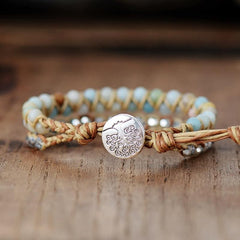 Boho Bracelet, Leather Wrap Bracelet, Light Blue Amazonite