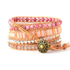 Boho Bracelet, 5 Layers Leather Wrap Bracelet, Pink Pastelà¸?Rhodonite