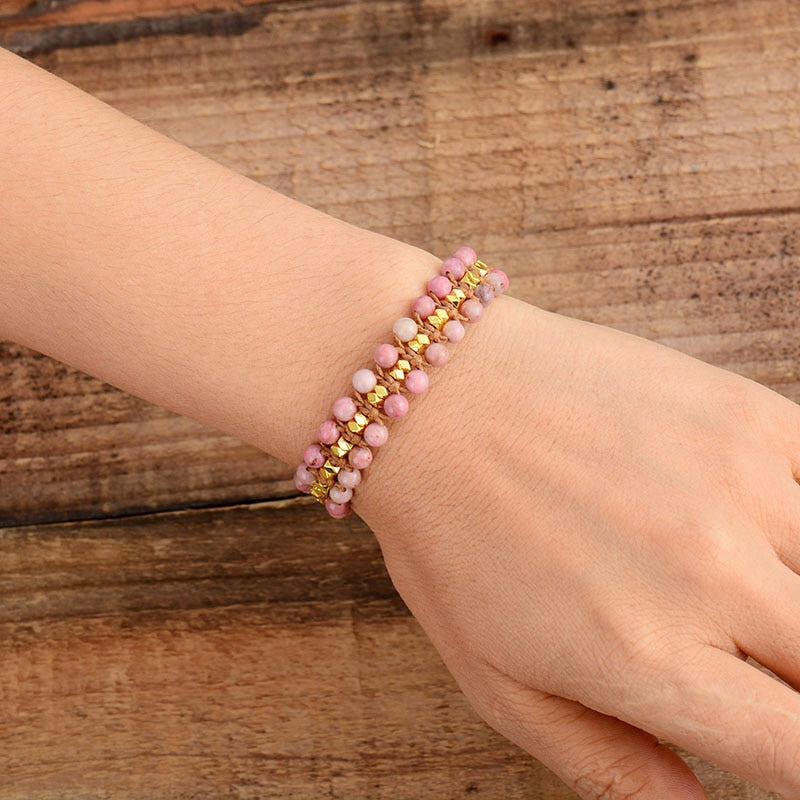 Boho Bracelet, Friendship Bracelet, Pink Rhodonite and Blue Amazonite