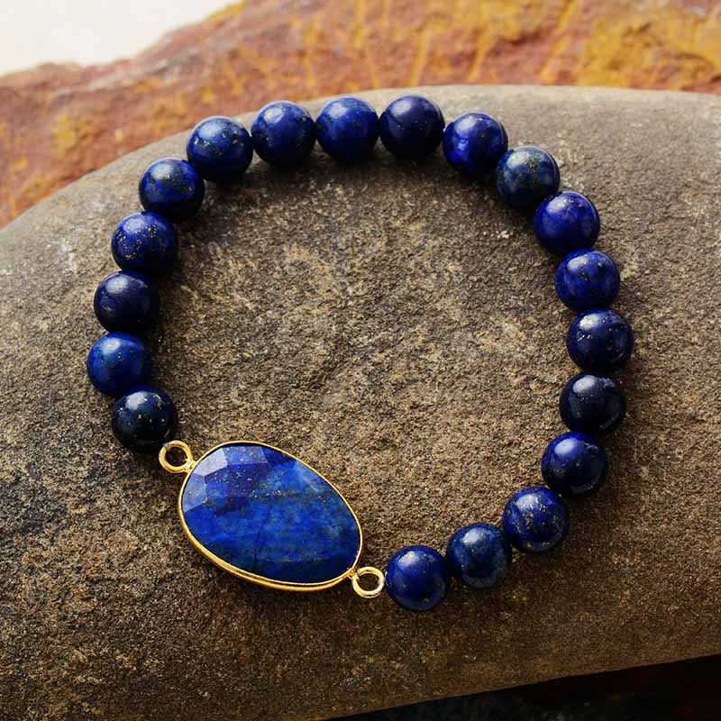 Boho Bracelet, Stretchy Bracelet, Blue Lapis Luzuli and Black Agate