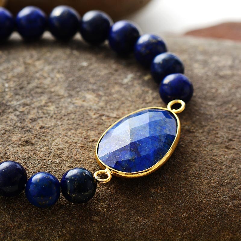 Boho Bracelet, Stretchy Bracelet, Blue Lapis Luzuli and Black Agate