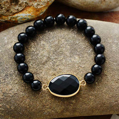 Boho Bracelet, Stretchy Bracelet, Blue Lapis Luzuli and Black Agate