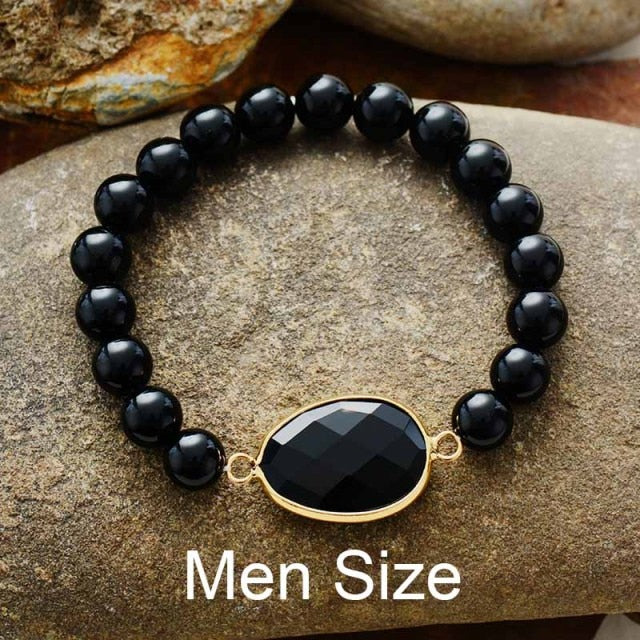 Boho Bracelet, Stretchy Bracelet, Blue Lapis Luzuli and Black Agate