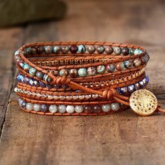 Boho Bracelet, 4 Layers Leather Wrap Bracelet, Black Onyx