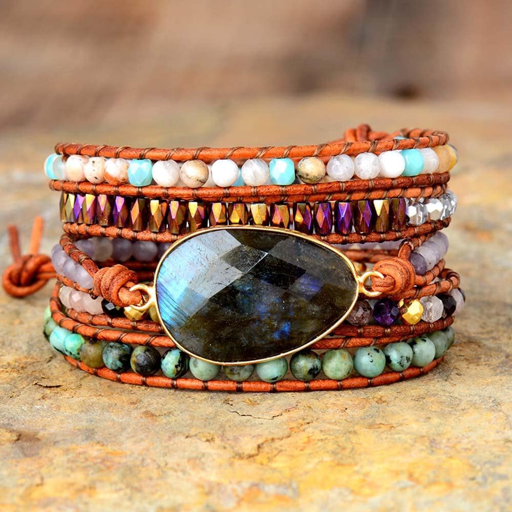 Boho Bracelet, 5 Layers Leather Wrap Bracelet, Black Onyx