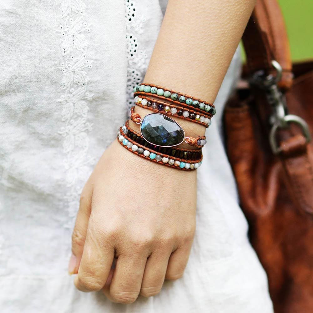 Boho Bracelet, 5 Layers Leather Wrap Bracelet, Black Onyx
