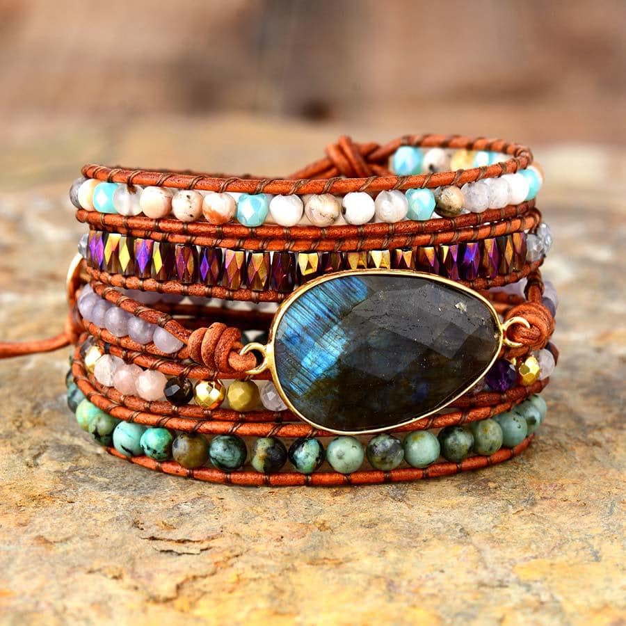 Boho Bracelet, 5 Layers Leather Wrap Bracelet, Black Onyx