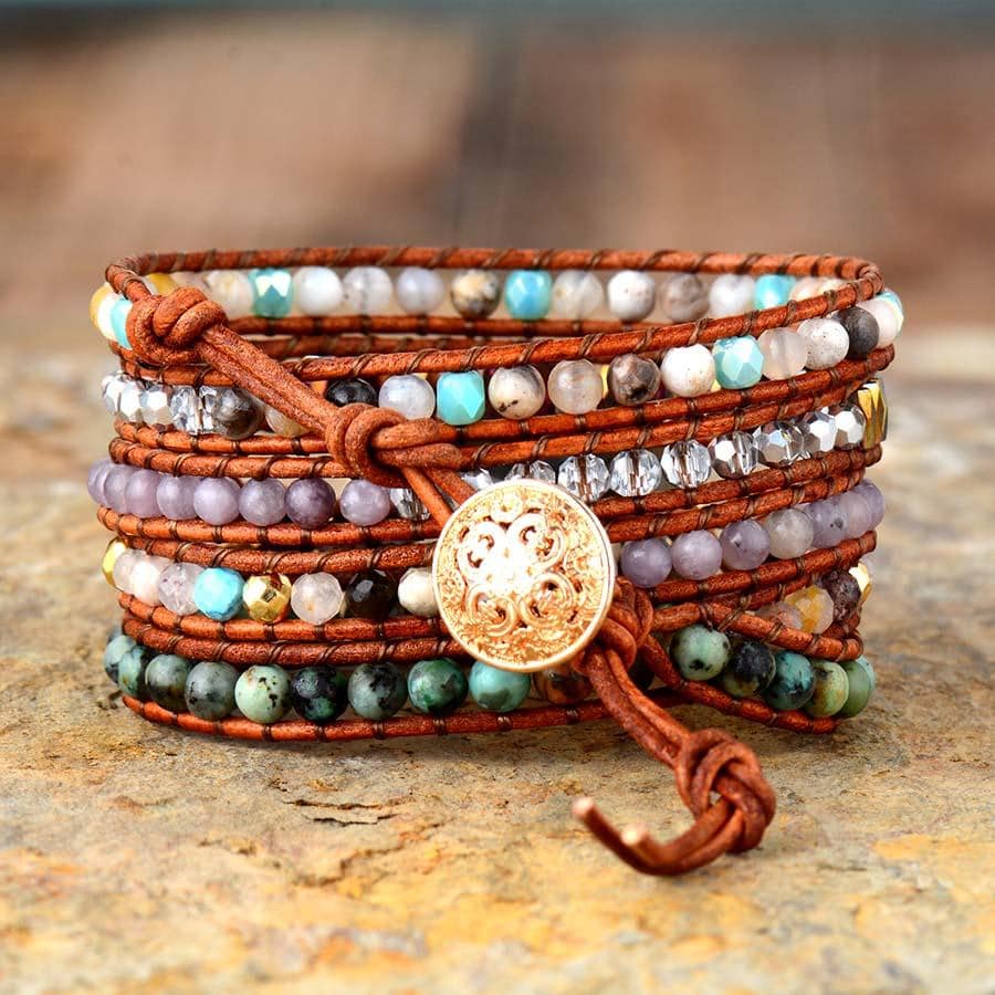 Boho Bracelet, 5 Layers Leather Wrap Bracelet, Black Onyx