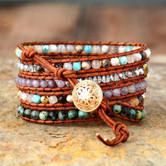 Boho Bracelet, 5 Layers Leather Wrap Bracelet, Black Onyx