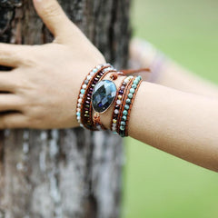 Boho Bracelet, 5 Layers Leather Wrap Bracelet, Black Onyx