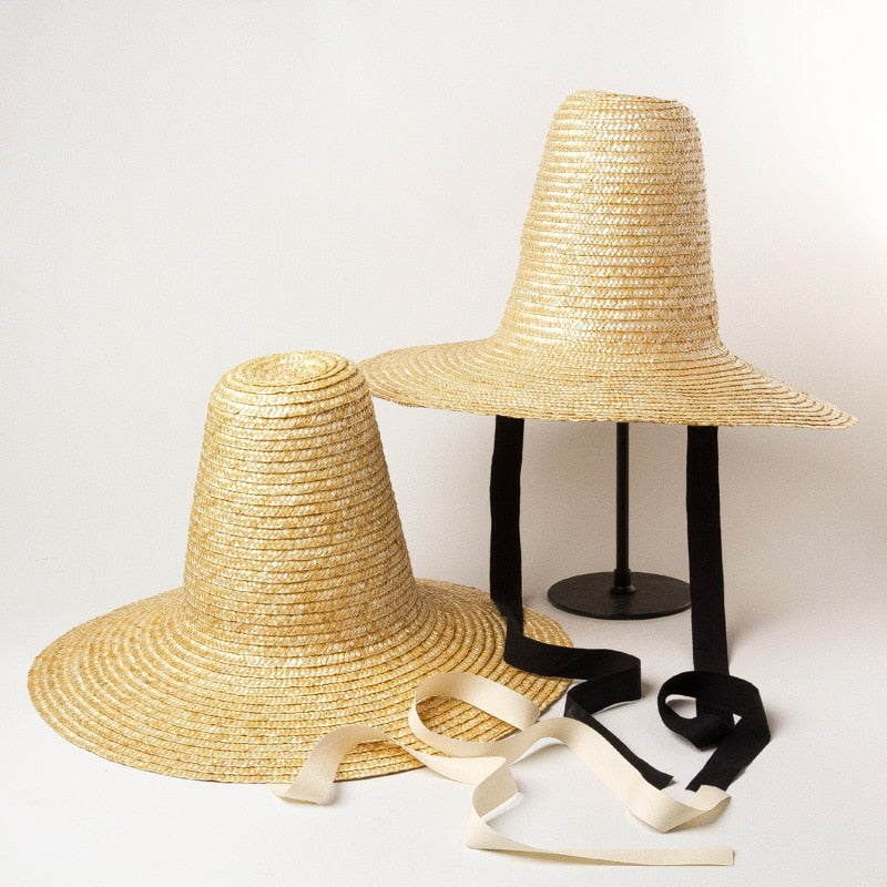 Boho Hat, Sun Beach Hat, Tall Crown Retro Hat, Black Ribbon