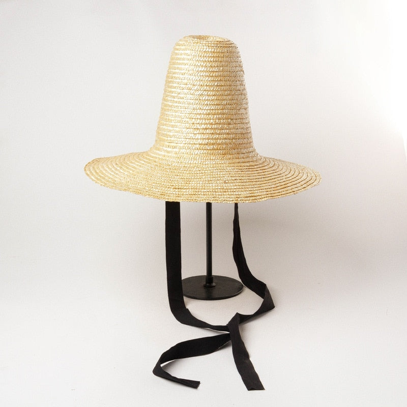 Boho Hat, Sun Beach Hat, Tall Crown Retro Hat, Black Ribbon