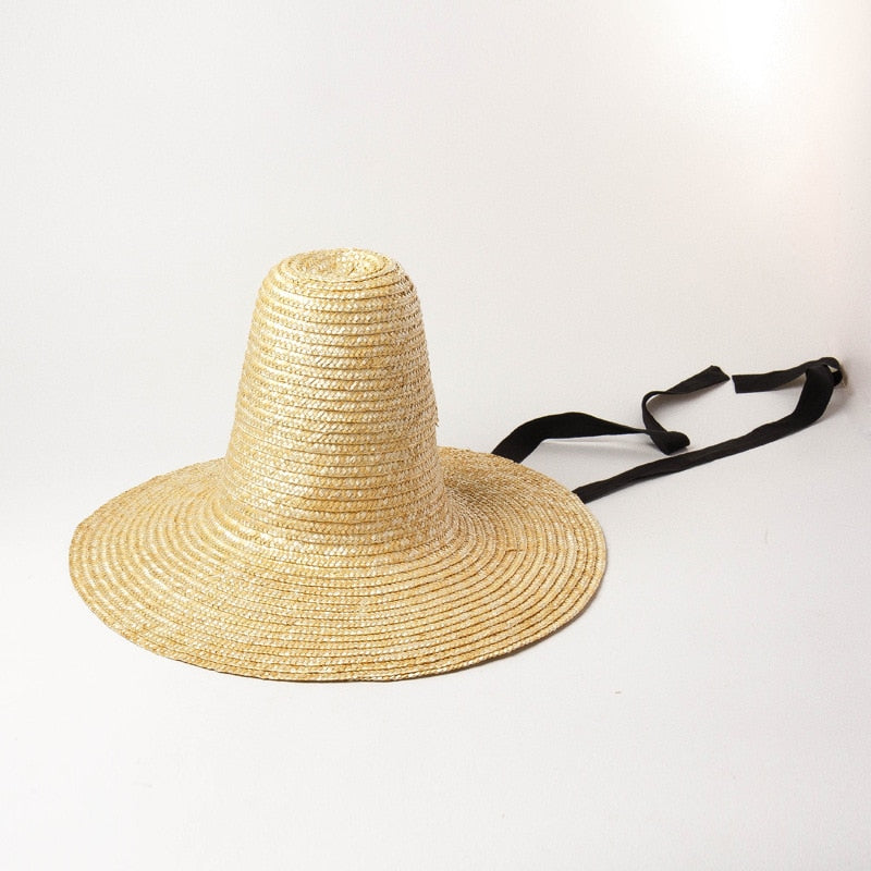 Boho Hat, Sun Beach Hat, Tall Crown Retro Hat, Black Ribbon