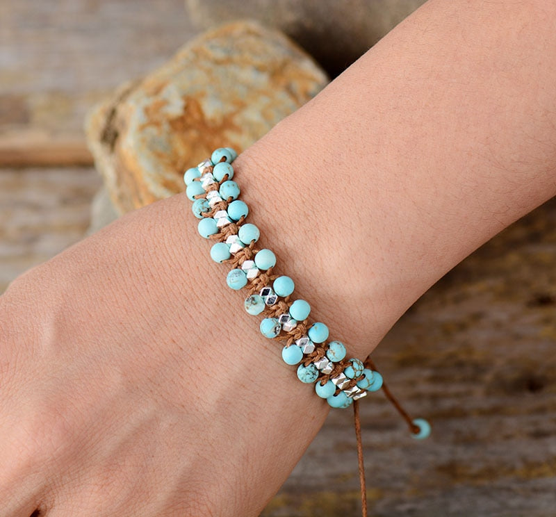 Boho Bracelet, Friendship Bracelet, Pink Rhodonite and Blue Amazonite