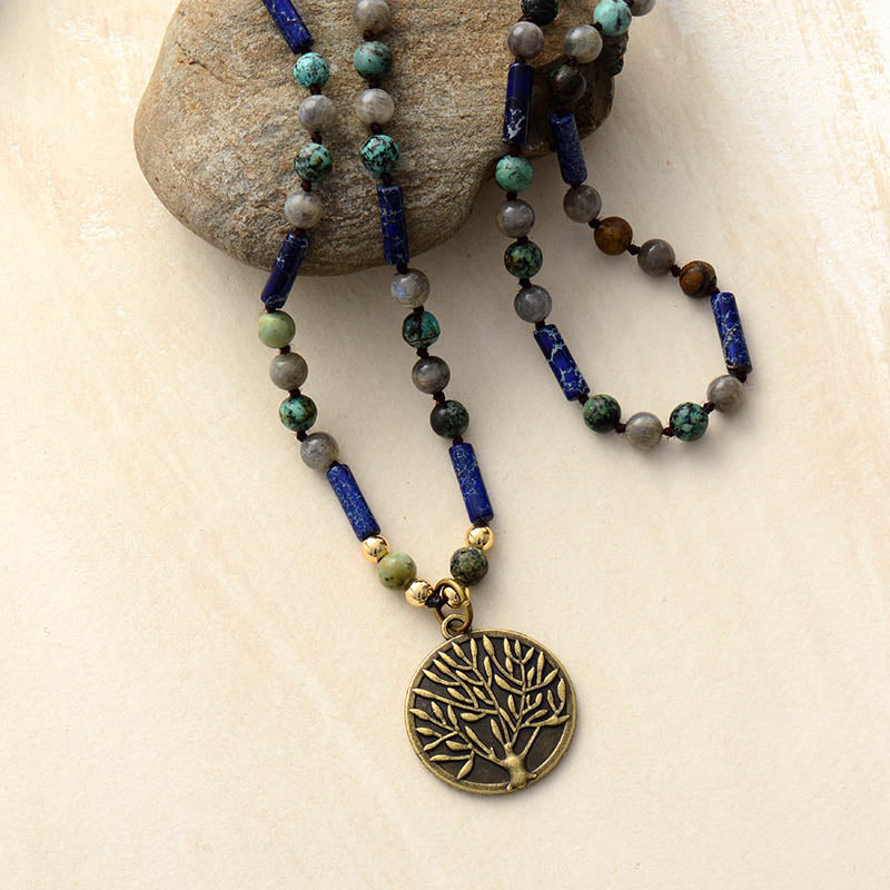 Boho Necklace, BlueLabradorite, Jasper and Turquoise, Tree of Life