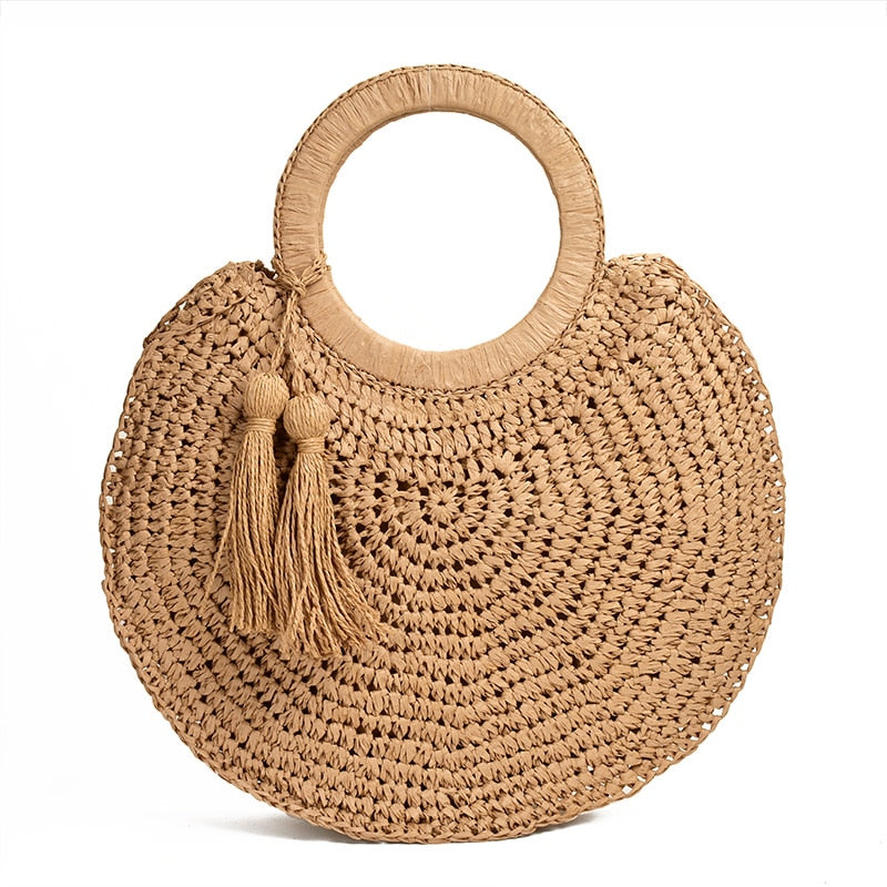 Boho Bag, Woven Straw Rope Bag, Rattan Bag, Yellow Moon Tassel in Brown and Ivory