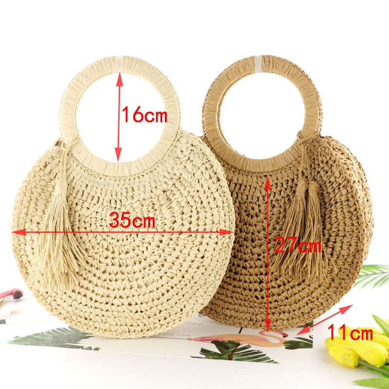 Boho Bag, Woven Straw Rope Bag, Rattan Bag, Yellow Moon Tassel in Brown and Ivory