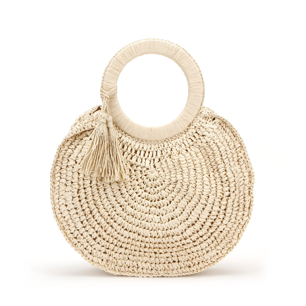 Boho Bag, Woven Straw Rope Bag, Rattan Bag, Yellow Moon Tassel in Brown and Ivory