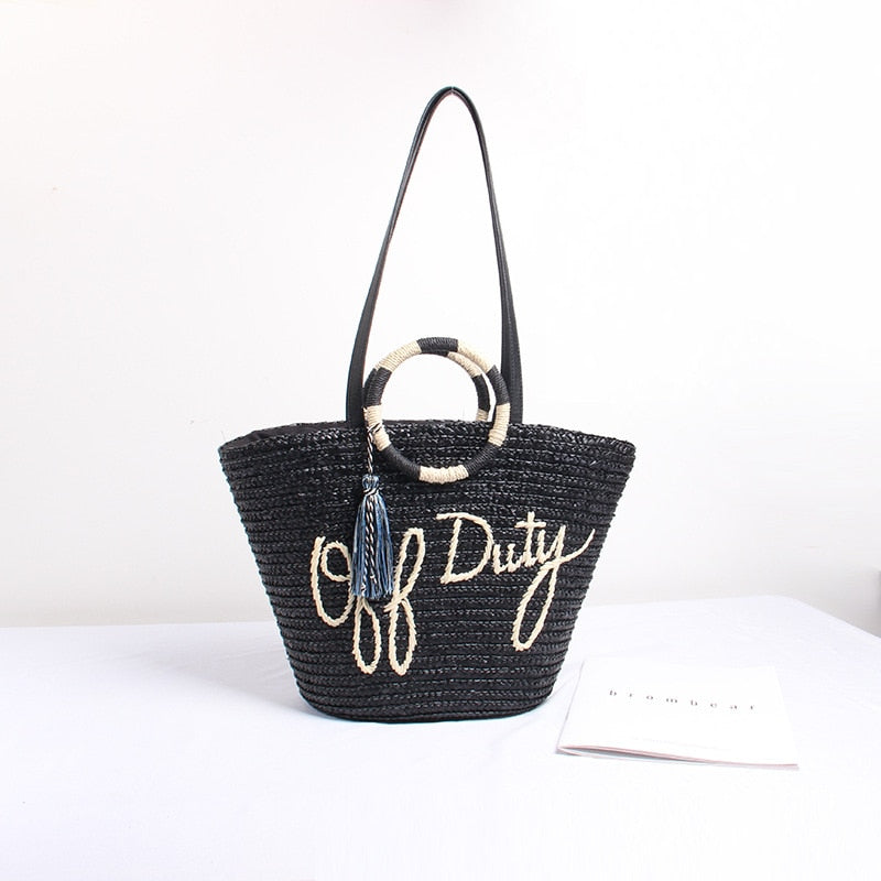 Boho Bag, Woven Straw Bag, Black Off Duty