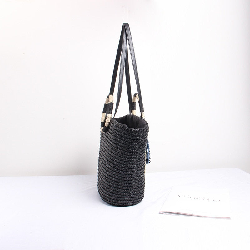 Boho Bag, Woven Straw Bag, Black Off Duty