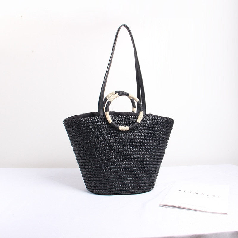 Boho Bag, Woven Straw Bag, Black Off Duty