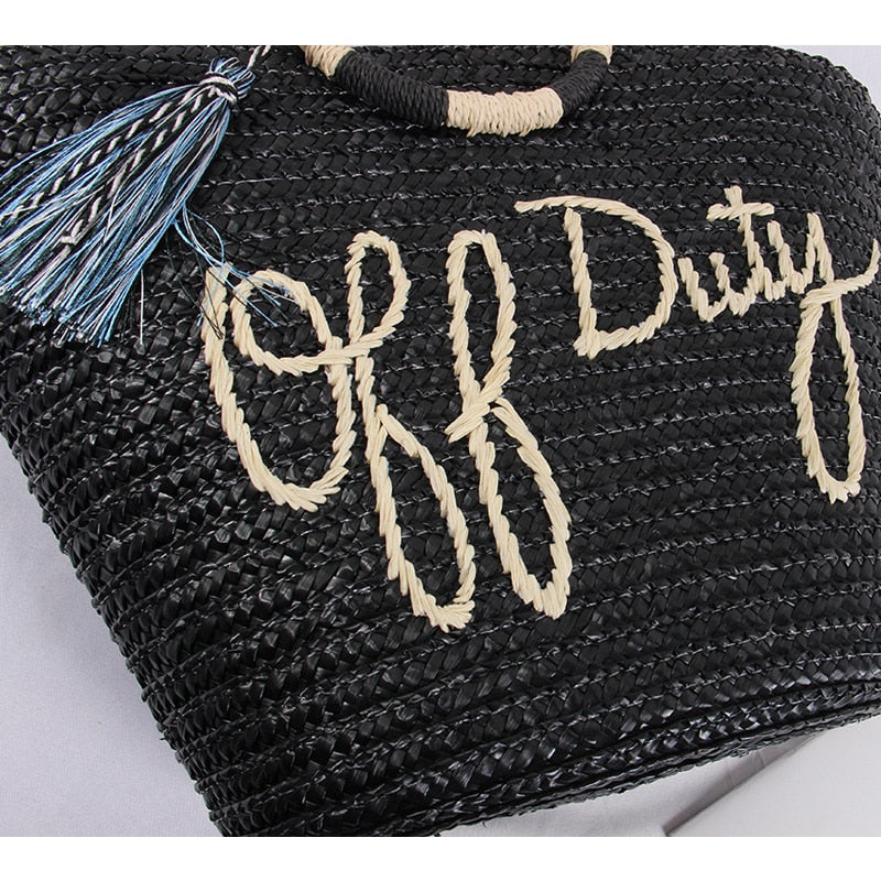 Boho Bag, Woven Straw Bag, Black Off Duty