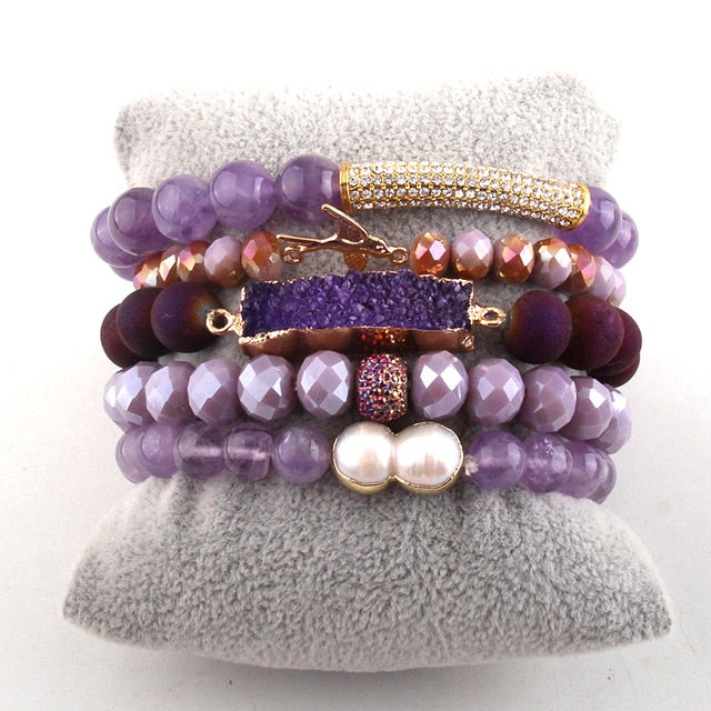 Boho Bracelet, RH Bracelet Set, Diamon Leaf, Natural Stones in Green, Rose, Purple