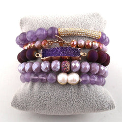 Boho Bracelet, RH Bracelet Set, Diamon Leaf, Natural Stones in Green, Rose, Purple