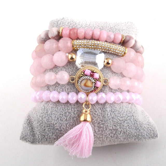 Boho Bracelet, RH Bracelet Set, Diamon Leaf, Natural Stones in Green, Rose, Purple